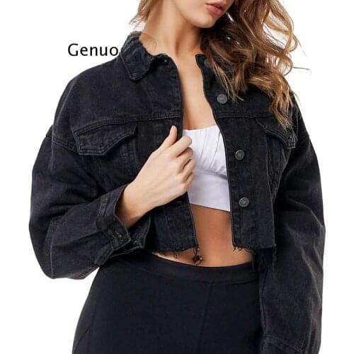 Long Sleeve Ripped Crop Womens Denim Jacket High Street Single Breasted Solid Short Clothes Top Women Autumn Loose Coat