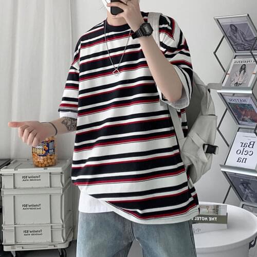 Summer Cotton Short-sleeved T-shirt Mens Fashion Striped Tshirt Men Streetwear Korean Loose Short-sleeved T Shirt Mens S-5XL