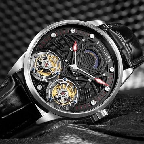 Top Brand SEAKOSS Double Tourbillon Men Skeleton Watch Hand Winding Movement Sapphire Mechanical Wristwatches Luminous Clock New