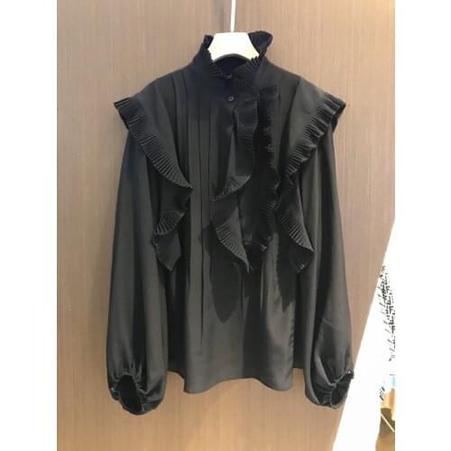 Fashion 2021 New Ladies Long Sleeve Sexy Casual Silk Pleated Lace Shirt 1014