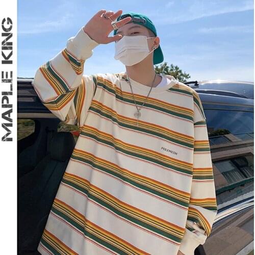 Vintage Mens Striped Pullover Sweatshirts 2021 New Korean O-Neck Harajuku Sudaderas Men Hip Hop Oversized Streetwear Pull Homme