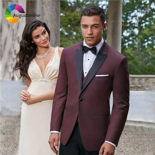 Latest Designs Burgundy Men Suits Wedding Suits Black Peak Lapel Slim Fit Groom Tuxedos 3Piece Best Man Blazer Jacket Pants Vest