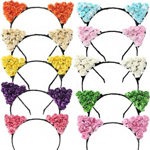2018 New Hair Accessories Rose Flower Cat Ears Hairbands Girls Flower Headband Girls Handmade Cloth Wreath Hair Bands