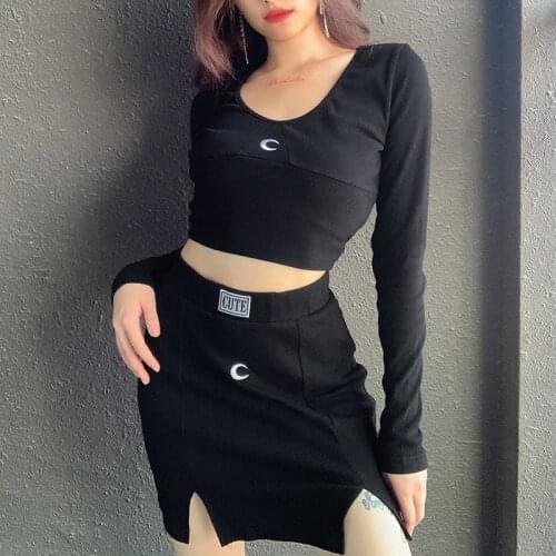 New Harajuku Cute Moon Embroidered Suit Autumn Winter Female V-neck Long Sleeve Black Fashion Short Skirt Set Gothic Kawaii Girl