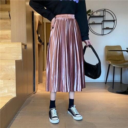 Autumn winter women velvet skirts vintage elastic waist thin All-match pleated skirts women casual warm A-line midi skirts