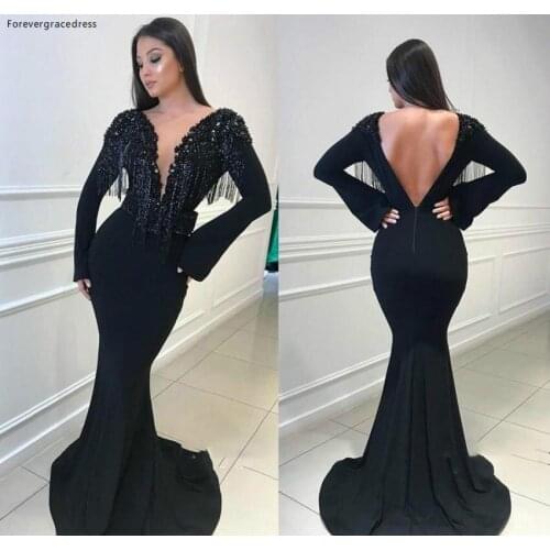South African Black Girls Prom Dress 2019 Mermaid Long Sleeves Open Back Holidays Graduation Wear Evening Party Gown Custom Made