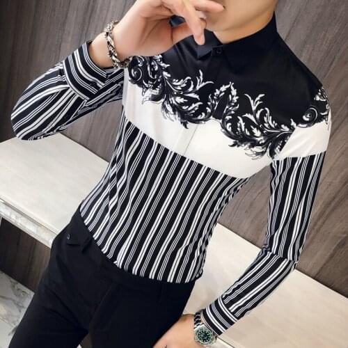 Flower Dress Stripe Shirt Korean Clothes Men Dress Shirt Men Casual Slim Fit Mens Print Party Club Shirt Camisa Masculina
