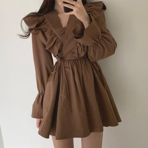 Solid High Waist Long Sleeve Dress Cotton linen Holiday Style A-line Women Dress Spring Summer V-neck Female Short Dress