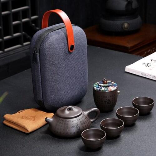 Portable Kungfu Teaset Travel Outdoor Office Simple Use Chinese Purple Sand Tea Cups Tea Sets With Travel Bag Free Shipping