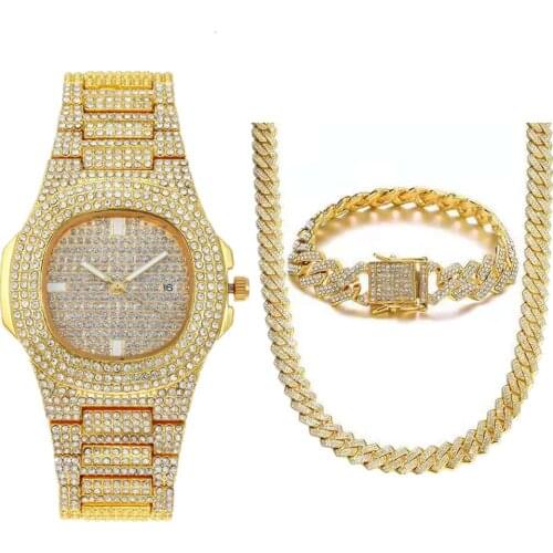 Rapper Hip Hop Cuban Chain Gold Sliver Color Iced Out Watches Paved Rhinestone Gold Necklace for Men Women African Jewelry Set