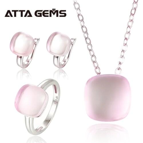 Natural Rose Quartz Sterling Silver Jewelry Sets Cabochon Cut 20.6 Carats Natural Pink Crystal Top Quality Stone Romantic Style