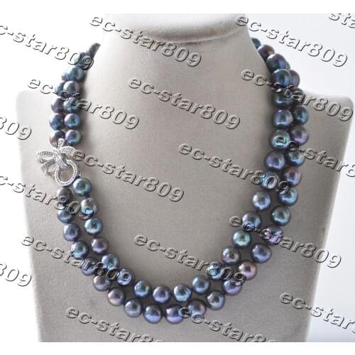 Z11279 2row 18" 12mm Peacock-Black Round Edison Keshi Pearl Necklace Bowknot CZ Women Fine Jewelry