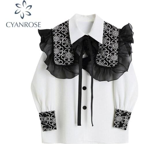 2021 Autumn New French Lace Stitching Navy Collar Shawl Collar Loose Womens Shirt Top Fashion Chic Temperament Blouse Female