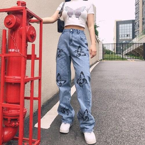 Butterfly Pattern Baggy Jeans Women High Waist Wide Leg Denim Pants Streetwear Casual Loose Trousers 2021 90S Y2K Aesthetic