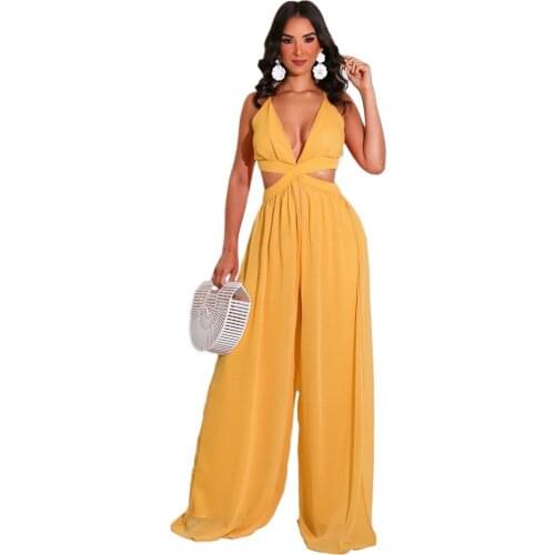 2021 Womens Wear Sexy Deep V Sleeveless Jumpsuits Summer Solid Folds Crop Waist Wide Leg Pants Temperament Fashion Romper