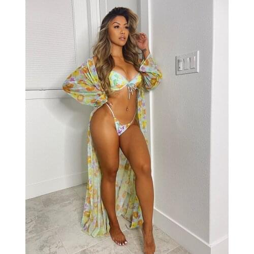 Sexy Floral Print Swimsuit Cover Up Dress 3pcs Bikini Set Push Up Low Waist Thong Long Sleeve Cardigan Bath Robe Beachwear
