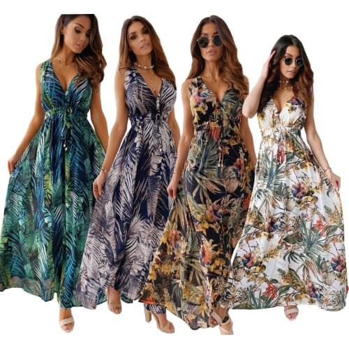 Skirt V-neck Sexy Slim Elastic Waist Long Dress Retro Printed Lace-up Backless Long Elegant Halter Sleeveless Party Dress Women