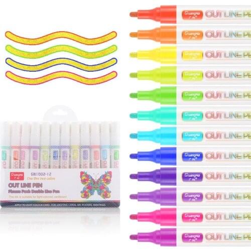 12 Color/Set Double-Line Marker Pens Diy Scrapbook Metal Flash Album Sketch Outline Paint Markesr Pen Used for Painting Drawing