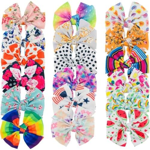 20pcs/Lot Handmade 5" Printed Bullet Waffle Fabric Double Bowknot Cute Kids Barrette DIY Baby Girls Hair Accessories Headwear