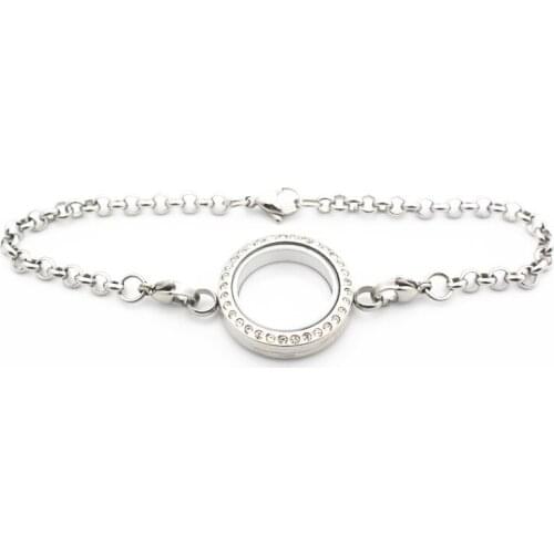 5pcs/lot Round 25mm Stainless Steel Crystal Floating Locket Chain Bracelet Silver Screw Glass Memory Locket Bangles DIY Jewelry