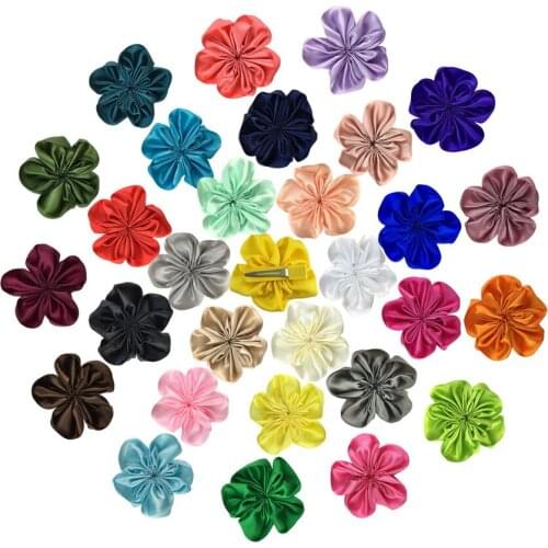 60pcs/lot 2.95inch Polyester Satin Ribbon Flowers For Girls Headband Hair Accessories DIY Craft Appliques Wedding Decor