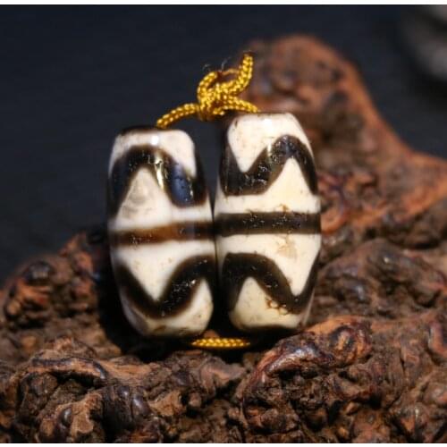 A Pair Magic Power Tibetan old Agate Double Tiger Tooth Totem dZi Bead Amulet Timestown UPD22
