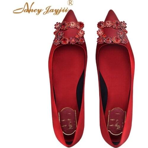 Woman Shoes Flats Flower Strass Buckle Ballerinas in Silk Satin String Bead Genuine Leather Top Brand Red Casual 2019 Wedding