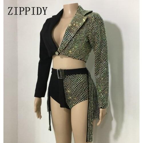 Sparkly AB Rhinestones Outfit Sexy Black Blazer Short Design Party 2 Pieces Set Dj Female Singer Nightclub Dance Skirt Costume