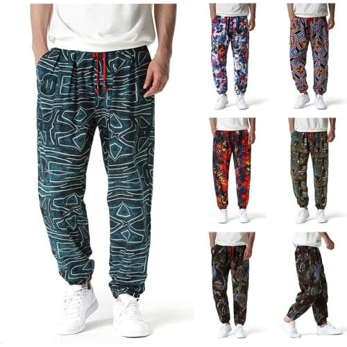 New Fashion Casual Hip-hop Trend Culture Street Cotton Linen Printed Mens Bloomers pants men