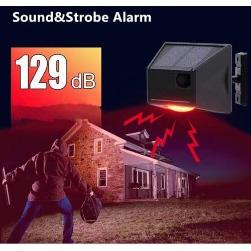 129DB Solar Motion Sensor Alarm Lamp Remote Control Anti-animal Driver Professional Alarm Anti-theft Explosion Flash Alarm Siren