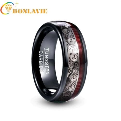 AAA 8mm Wide Plating Black Tungsten Steel Ring Inlay Triple Spiral Pattern+Red Guitar String Tungsten Carbide Ring for Men