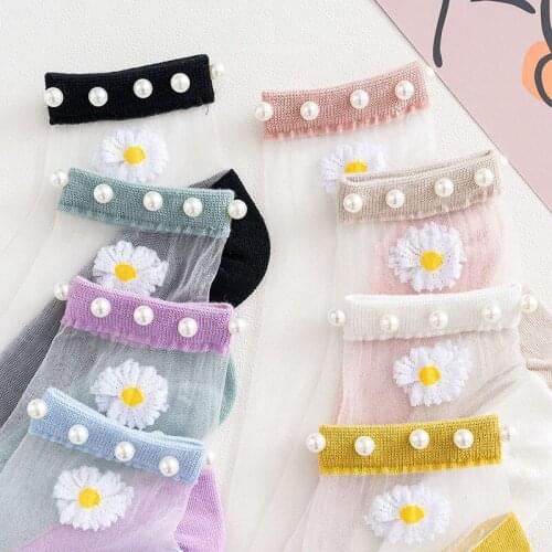 1 Pairs Summer Women Socks Transparent Pearl Flower Socks For Girl Kawali 10 Color 2021 New Style Fashion Cotton Comfortable