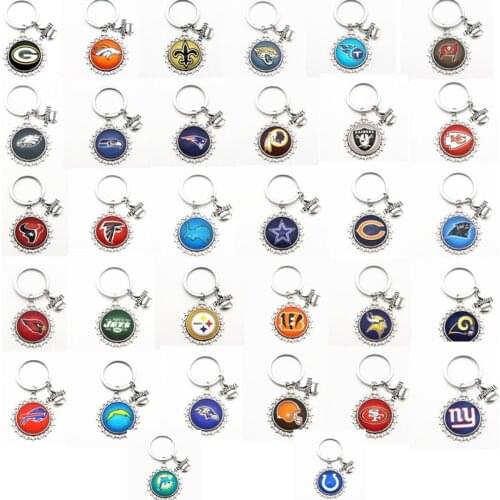 Hot Sale 1pcs/lot I Love Football Keychains Football Team Round Glass Pendant For Wome Men Key Chains Key Ring DIY Jewelry