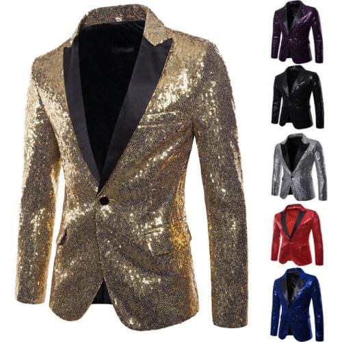 Fashion Men Sequin One Button Blazer Suit Jacket Shiny Wedding Formal Dance Club Coat