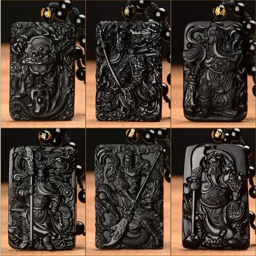 Natural Obsidian Guan Yu Mammon Pendant Jewelry Lucky ward off evil spirits Auspicious Amulet Pendant Necklace Jade Fine Jewelry