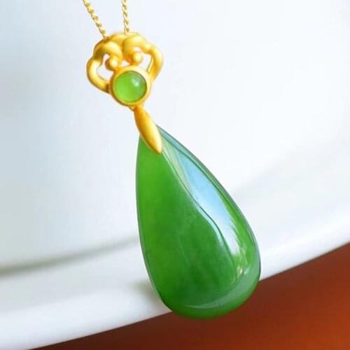 New silver inlaid natural Hetian Jasper Pendant Necklace Chinese style retro water drop elegant charm womens jewelry