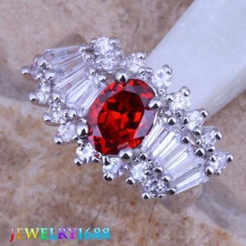 Superb Red Garnet White CZ Silver Plated Ring Size 7 / 8 D340