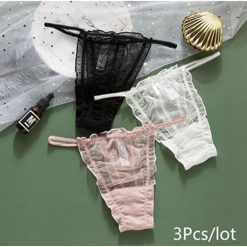 3Pcs/lot Japan Womens Sexy Full Lace Lotus Leaf Hollow Transparent Thong Erotic Panties Solid Color No Trace T Pants Low Waist