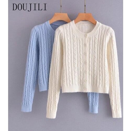 DOUJILI Autumn Winter Warm Sweaters Women White Blue Knitted Cardigan Jumper Long Sleeve Button-up Female Casual Wear