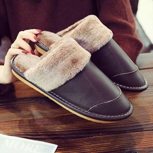 Women House Slippers Winter Waterproof PU Leather Slingback Ladies Thick Bottom Home Cotton Shoes Female Indoor Womens Footwear