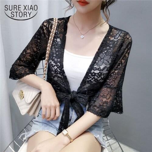 2021 Summer Super Thin Short Sleeve Loose Women Blouse Solid Color hollow out lace Cardigan Sun Protection Women Blouses 9624
