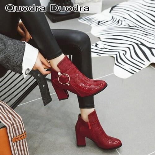 New block high heels woman boots buckle strap ring zipper women winter wine red female martin ankle boots big size 48 43 fashion