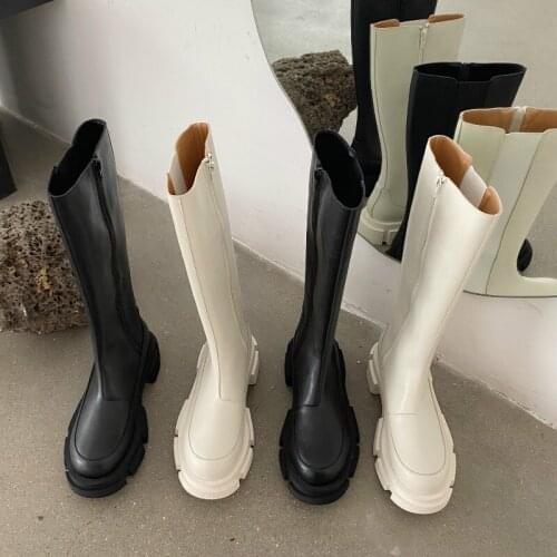 Woman Shoes Round Toe Platform Riding Boots Women White Black Punk Chunky Heel Knee Boots Women Side Zip Shoes Women New 2021