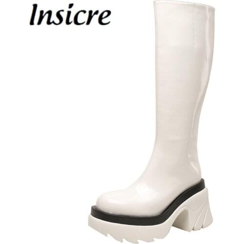 Insicre New Brand Platform Chunky Heels Knee High Boots Round Toe Women Zipper Party Dress Elegant Casual Solid Color Shoes