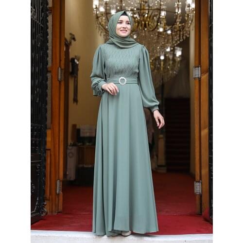 Women Islamic Muslim Evening Dress Party Model Belted Hijab Wear Chiffon Lined High Quality Turkish Made Plus Size Modern Style