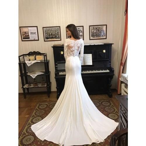 New Simple Mermaid Wedding Dresses Long Sleeve 2021 Bride Dress Button Lustrous Satin O-Neck Bridal Gowns vestidos de novia
