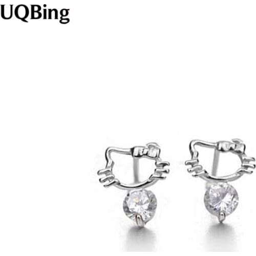 Free Shipping Women Ladies Cat Crystal 925 Sterling Silver Stud Earrings Jewelry Pendientes Brincos