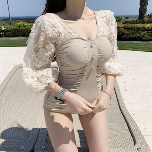 Long Sleeve One Piece Swimsuit Women Solid Swimwear Lace Monokini Bandeau Swim Suit Korea Bathing Suit Push Up Pad Pleated Khaki