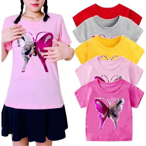 2020 Reverse discoloration face flip double sequins butterfly childrens t-shirts boy girl t shirt kids cartoon tshirts clothes