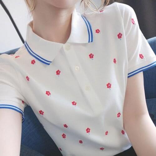 Flower embroidery Polo neck short sleeve T-shirt spring summer 2021 new design feeling thin knitted pullover blouse